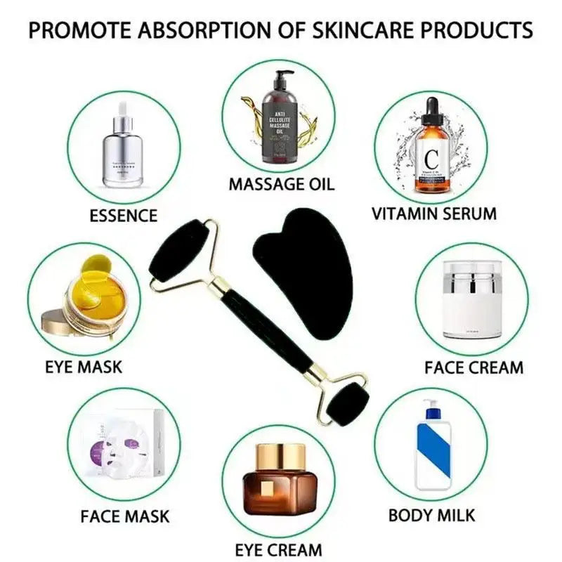 Black facial roller and heart-shaped gua sha tool surrounded by icons of various skincare products.