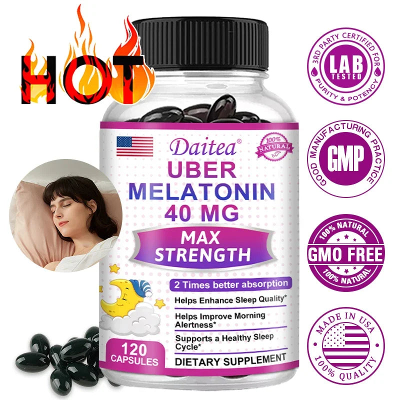 Daitea Melatonin Supplement 40mg Contains Vitamin C Theanine Extract Capsules to Promote Sleep Quality & Alertness Non-GMO