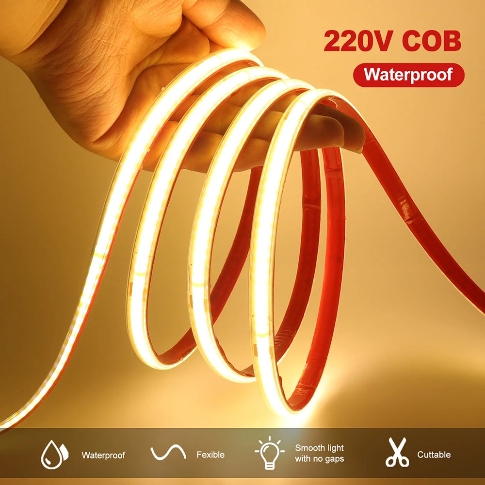 220V RA90 COB LED Strip Light Bright Waterproof Driver Build In 10cm Can Be Cut 240LEDs/M Flexible Adhesive Tape Home Decoration