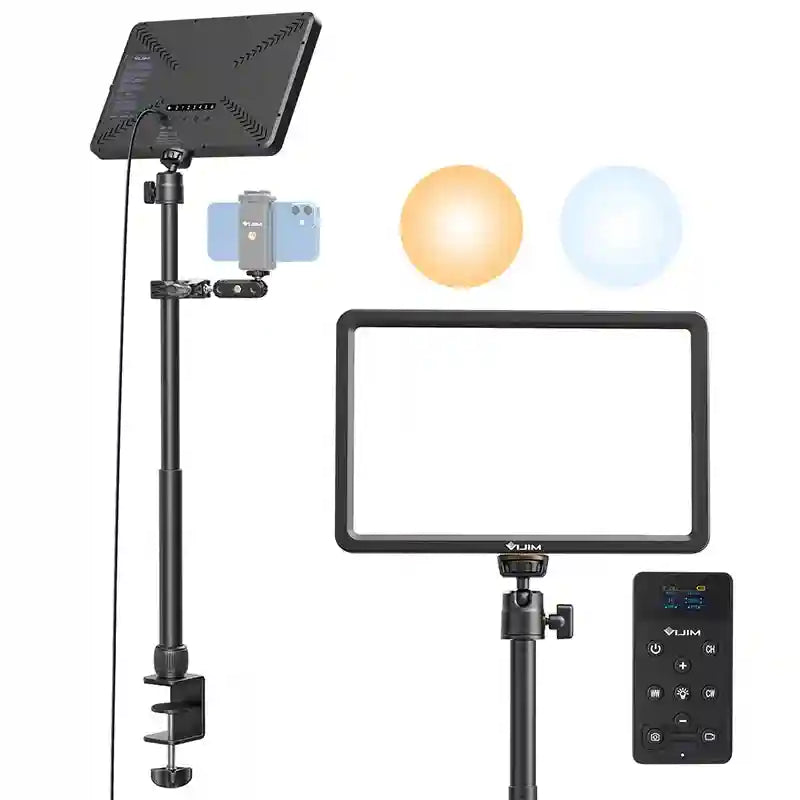 LED panel light on desk-clamp stand with phone holder, adjustable color temperature, and remote control for streaming.