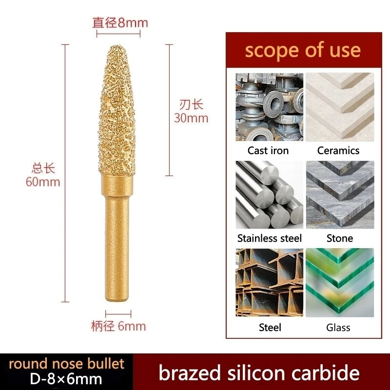 Brazed silicon carbide round nose bullet head, 8mm diameter, 6mm shank