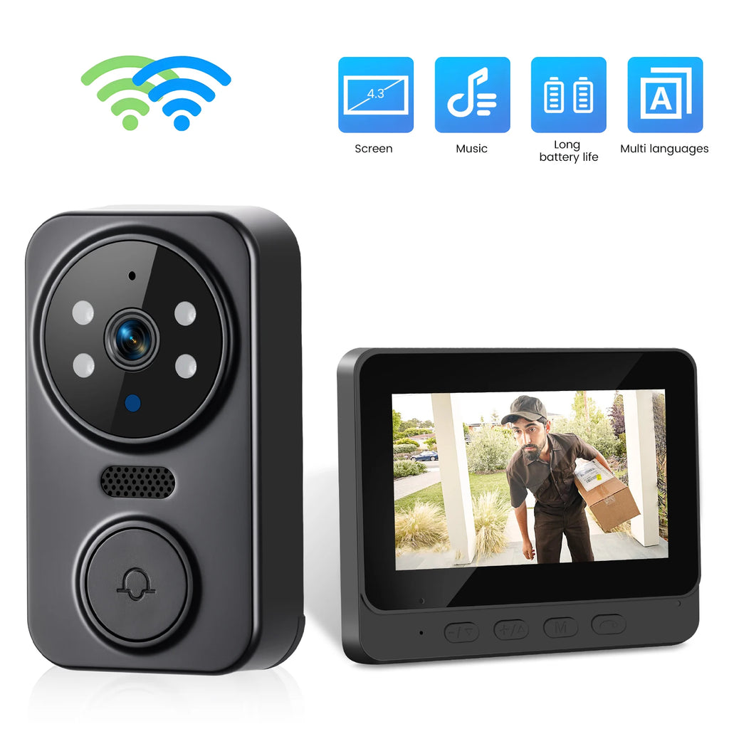 Podofo 4.3inch IPS Screen Wireless Doorbell Night Vision Intercom Video Monitor Video Two-way Intercom Doorbell Ring Door Camera