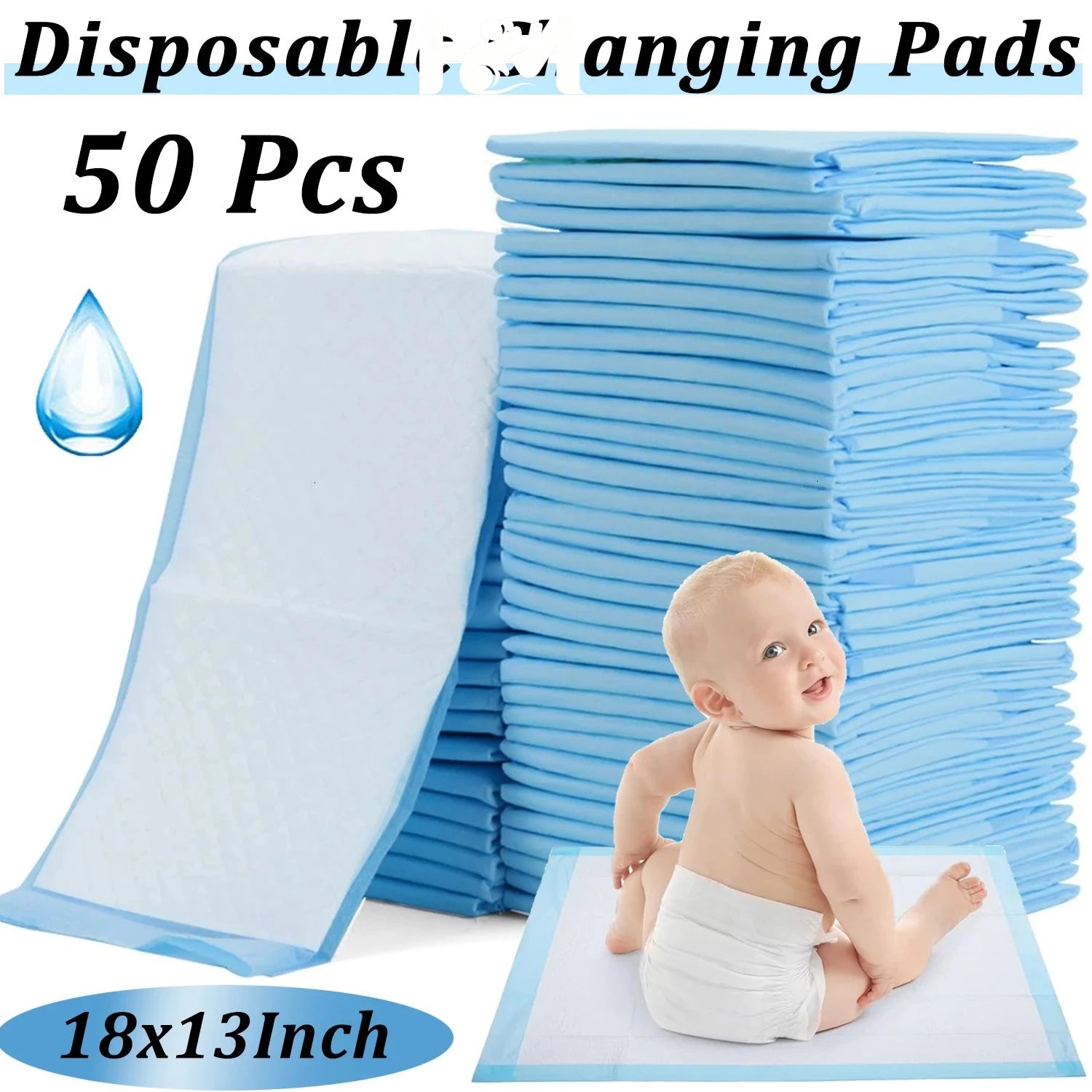 50-pack disposable baby changing pads, 18x13 inch, blue absorbent baby care mats for diaper changing.