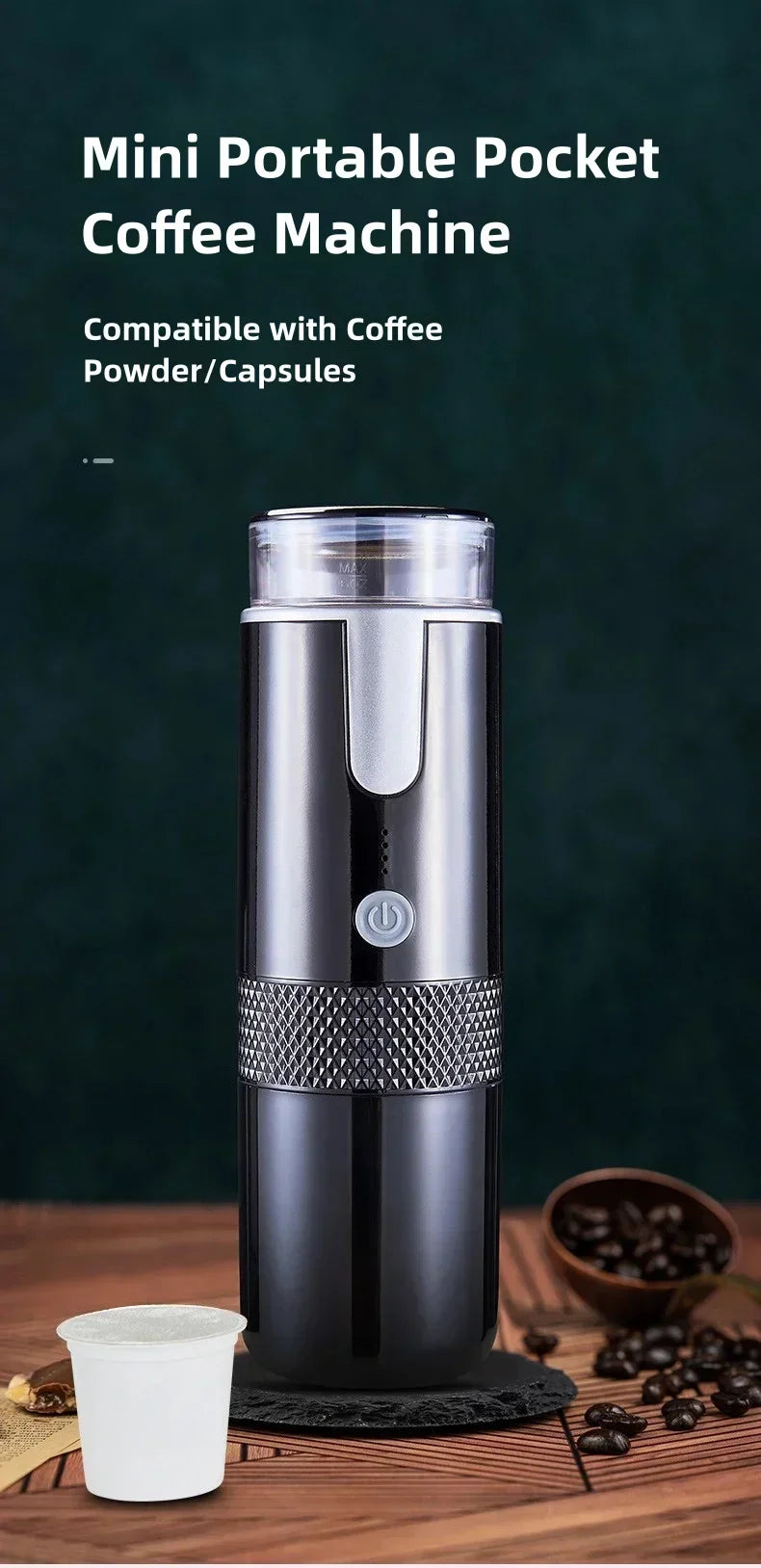 Black portable pocket coffee maker for capsules or powder with a cylindrical metal design and power button.