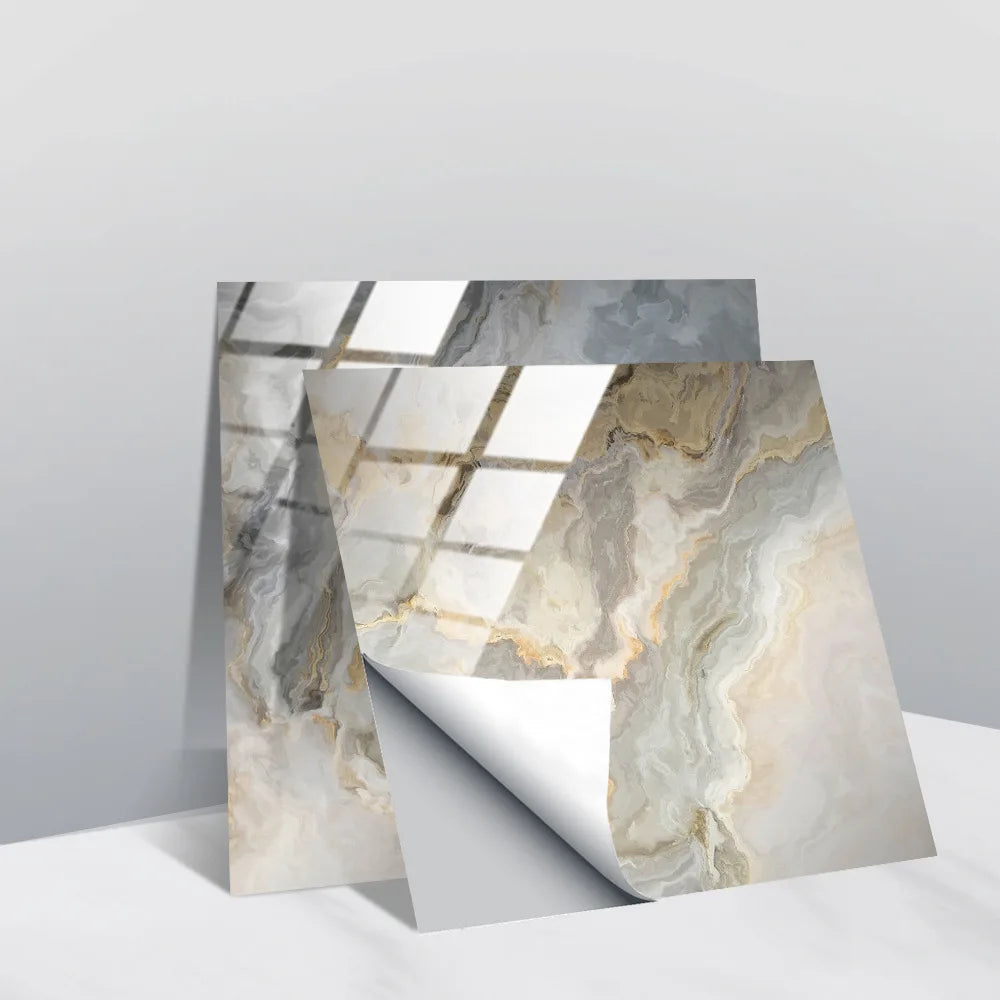 Faux marble tile wall sticker sheets in white and gray with swirling stone veining