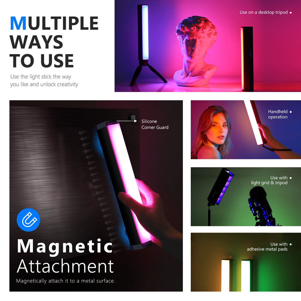 Portable RGB LED light stick with magnetic backing, silicone corners, and tripod mount for handheld or studio lighting.