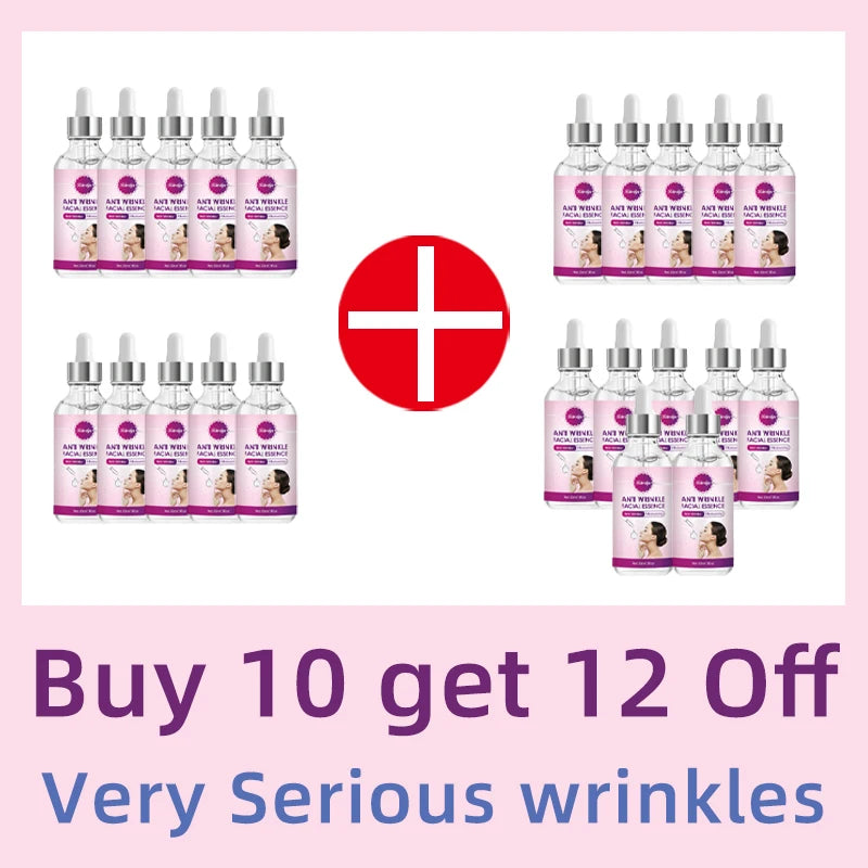 Twelve glass dropper bottles of anti-wrinkle facial essence with pink labels, arranged with a red plus sign.