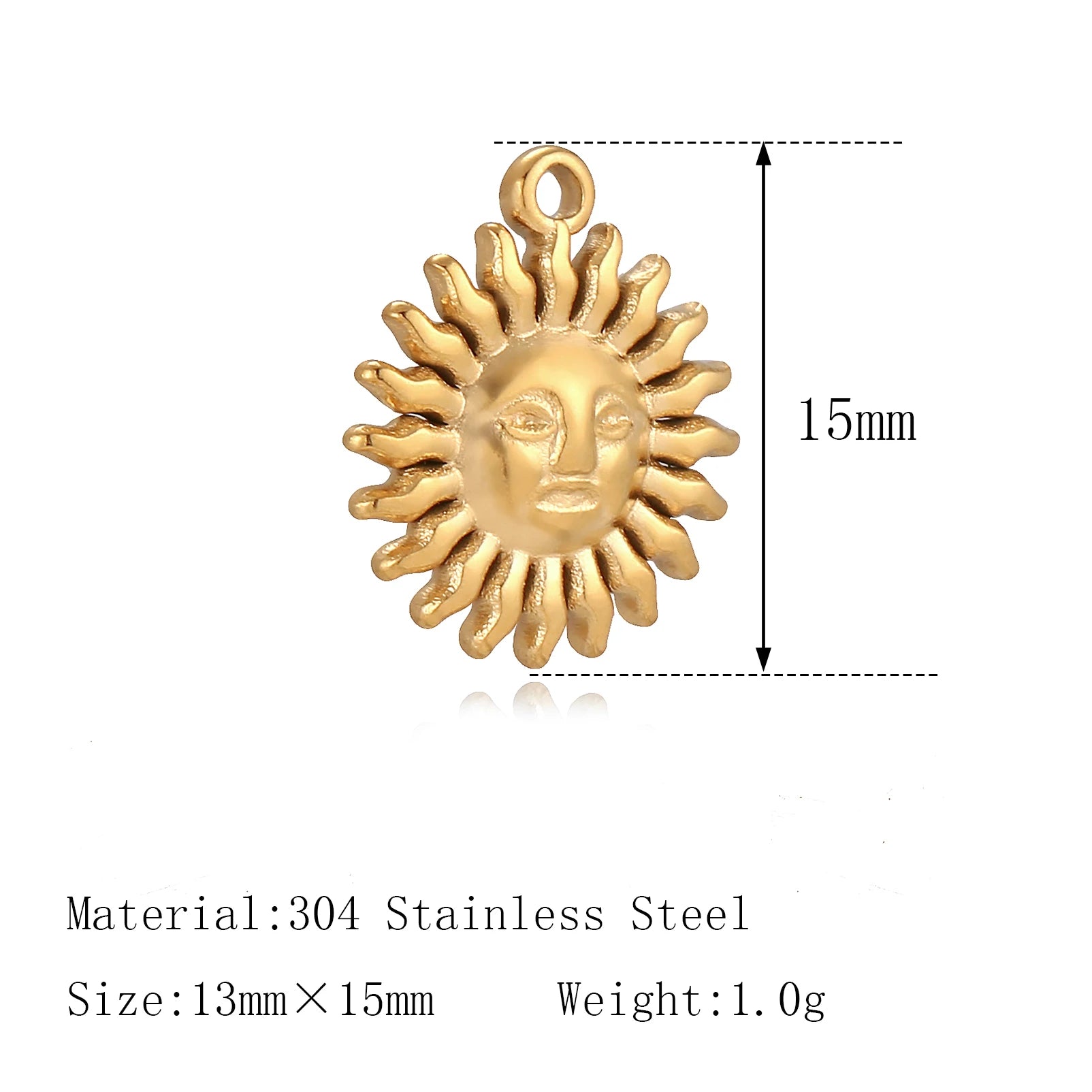 Gold sun face pendant charm, 13x15mm 304 stainless steel, ideal for DIY pet collar jewelry or bracelet making.