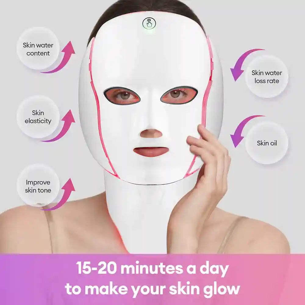 7 Color LED Facial Mask with Neck Light for Skin Rejuvenation Therapy Massage Cushion Tidesmit
