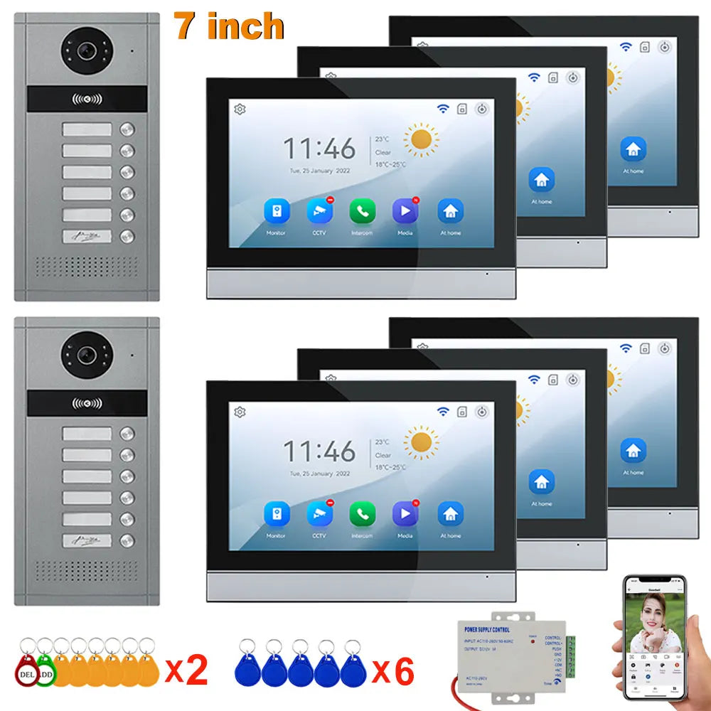 7-inch video doorbell system bundle with multiple monitors, RFID cards, and blue keys