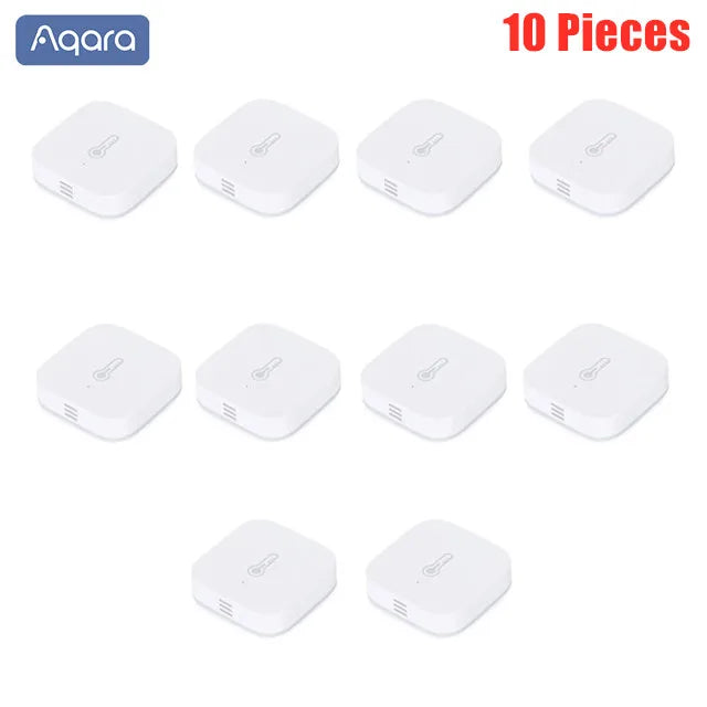 Ten white, square plastic Aqara temperature and humidity sensors with thermometer icons arranged in a grid.