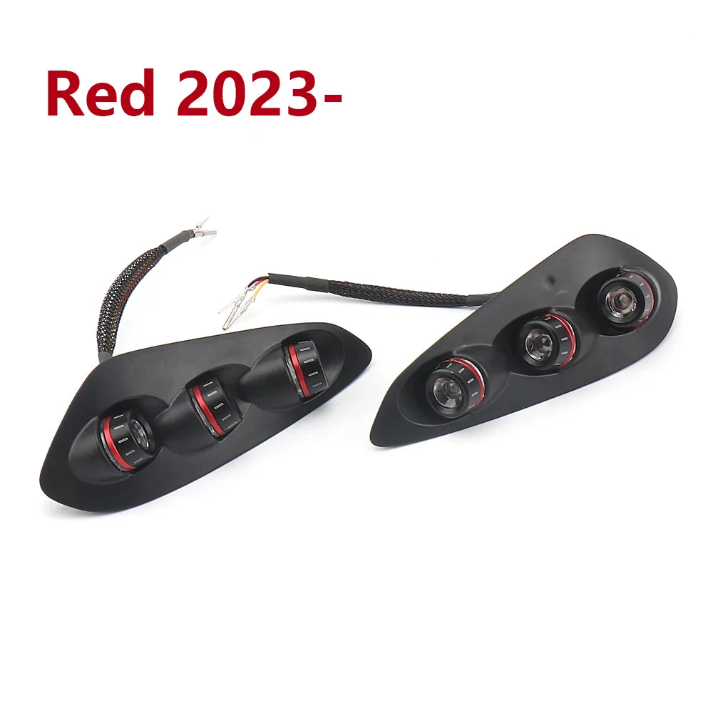 LED integrated tail light and turn signal pair, black housings with red accent bands, wiring harness