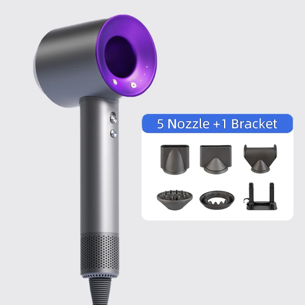 Grey and purple bladeless professional hair dryer with 5 styling nozzle attachments and storage bracket.
