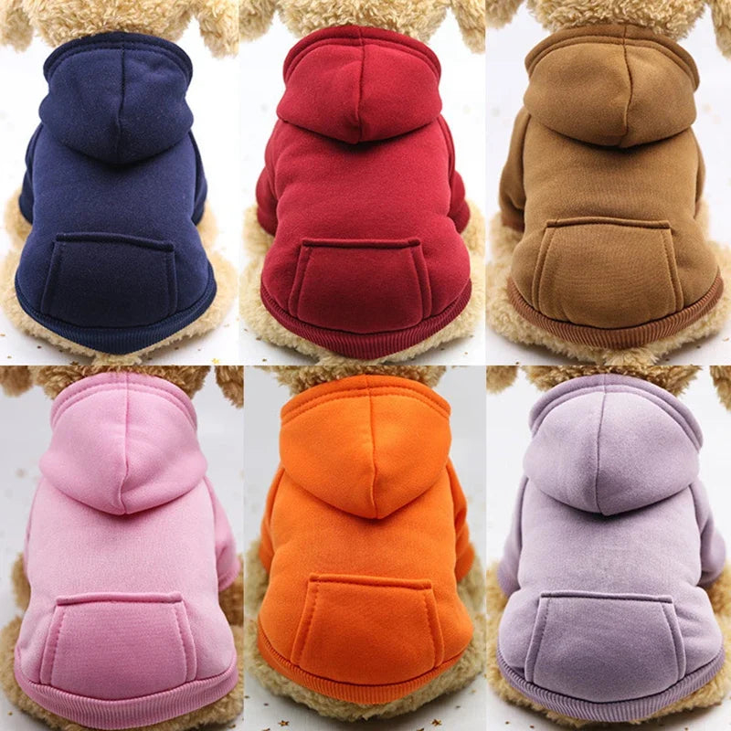 Warm, thick dog hoodies in various colors for small pets. Cozy two-feet sweater for autumn and winter casual wear.