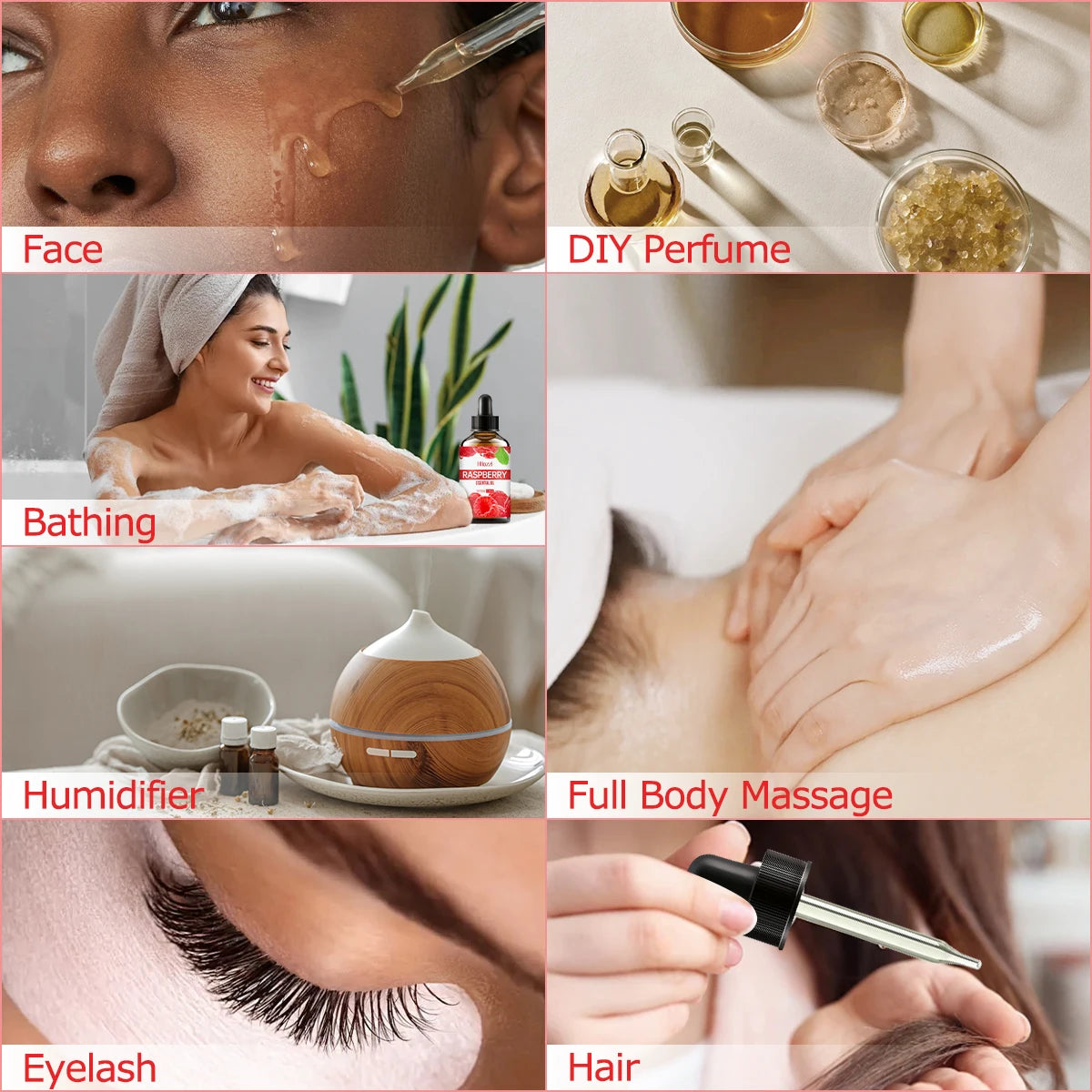 Raspberry essential oil is suitable for skin care, bath use, and diffusers and is suitable for all skin types.