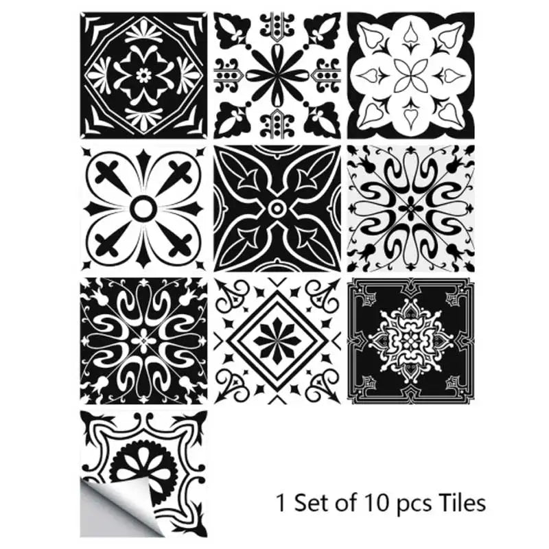 Moroccan tile stickers, black and white ornate mandala mosaic, set of 10