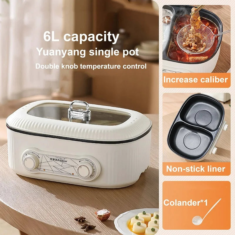 6L electric single pot with dual knob temperature control, non-stick liner insert, white body
