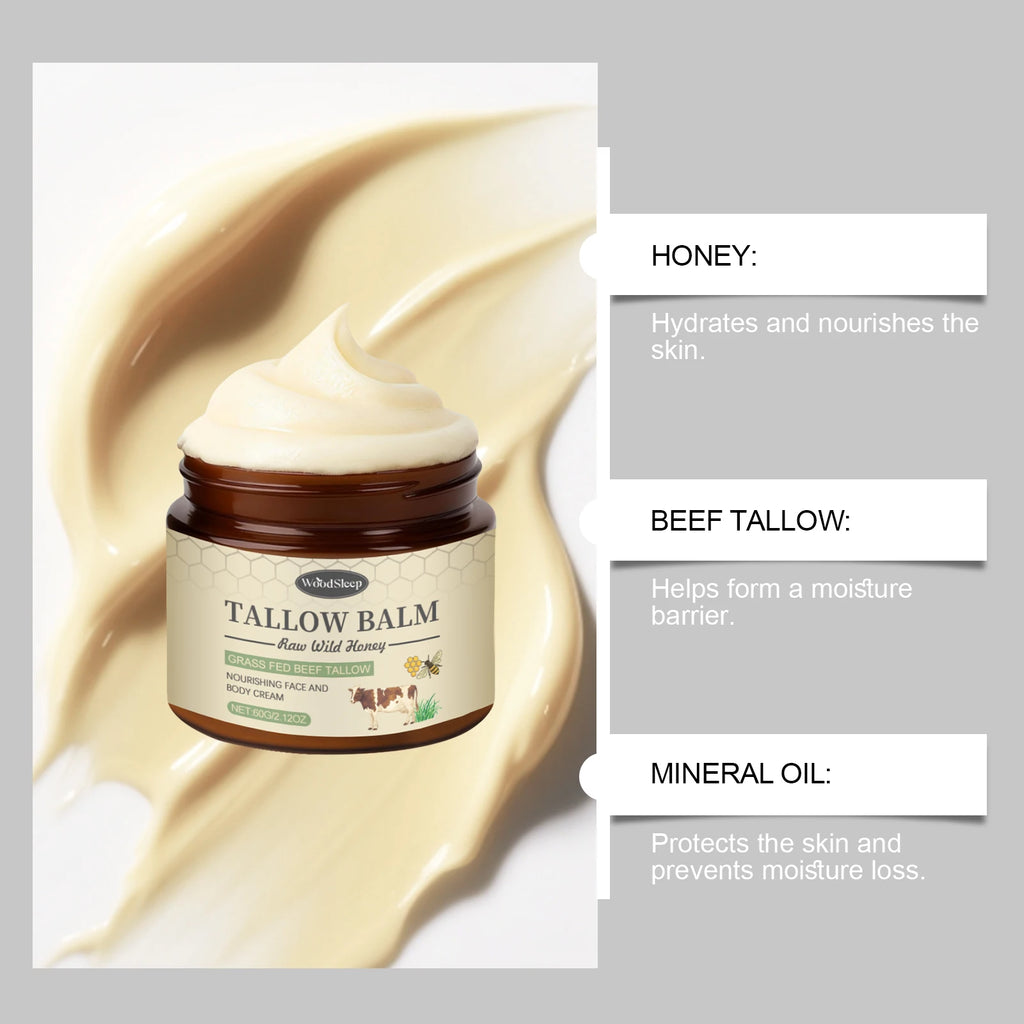Woodsleep Organic Grass-Fed Beef Tallow Balm with Raw Honey Deep Hydration Face Body Care Smooth Soft Beef Tallow Honey Balm 60g