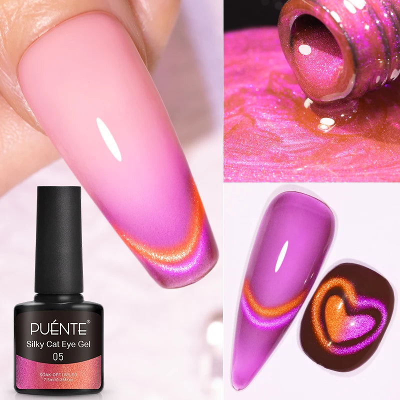 Silky Cat Eye gel polish in 05. Purple and orange magnetic pigment on painted nails, including a heart design.