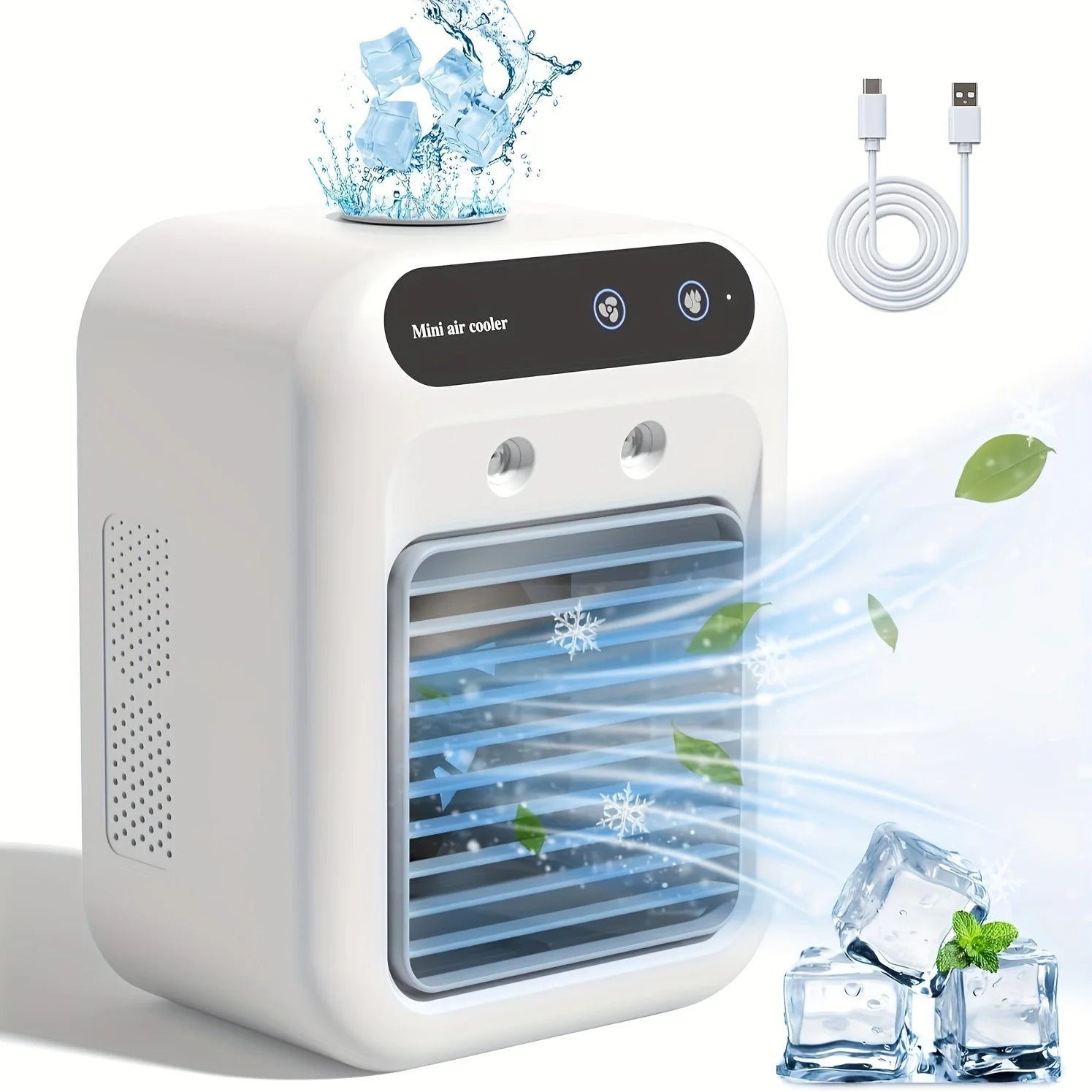 Tidesmit portable mini air cooler with water tank and 1800mAh battery showing side profile and cooling features