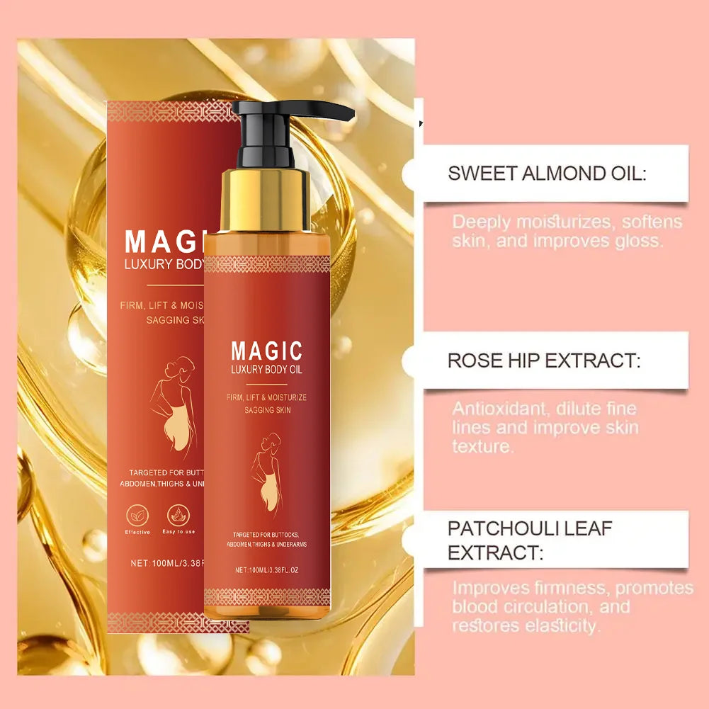 Magic Luxury Body Oil in a tall, red pump bottle with gold accents, set against a background of golden oil droplets.