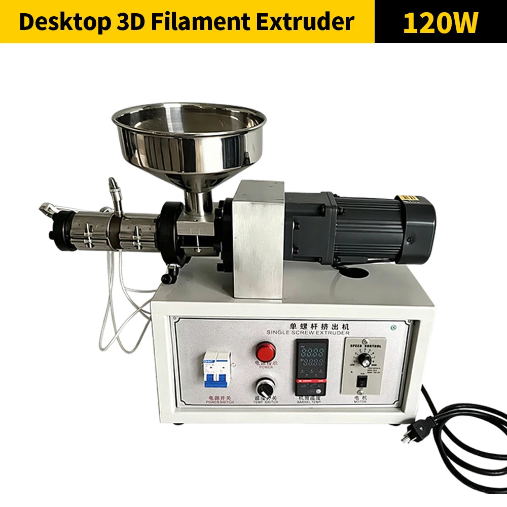 Desktop filament extruder with stainless hopper funnel and front switch control panel