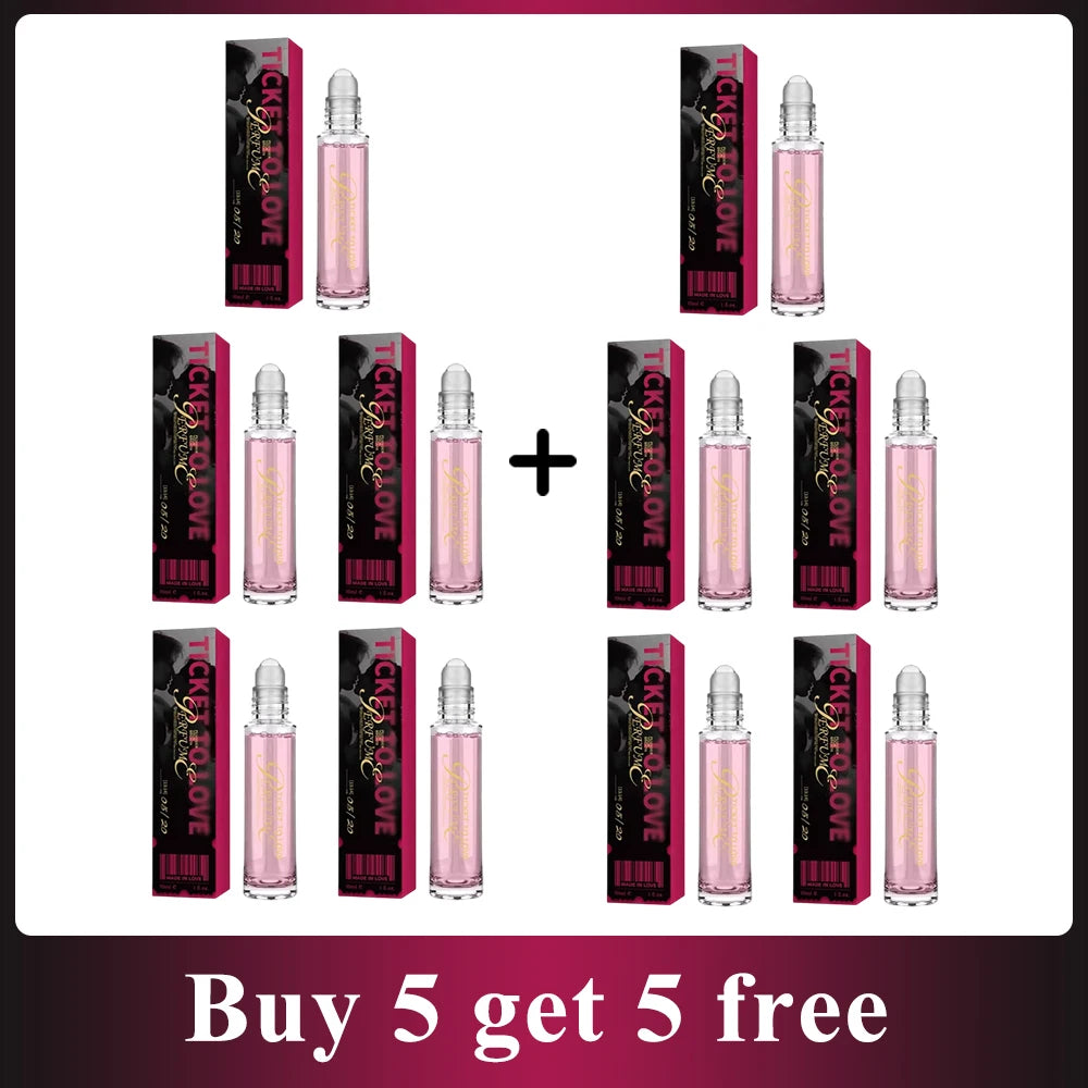 Ticket to Love long-lasting roll-on perfume set. Portable pink floral fragrance for women. Buy 5 get 5 free promotion.