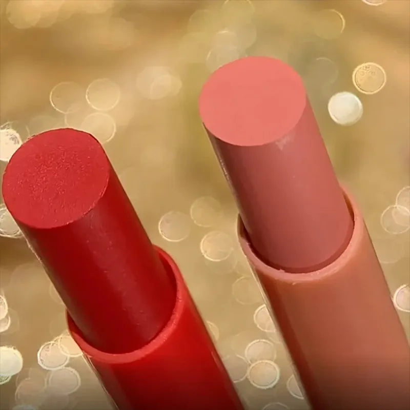 Dual-ended waterproof lipstick with rose red and nude matte shades for long-lasting, moisturizing lip makeup.