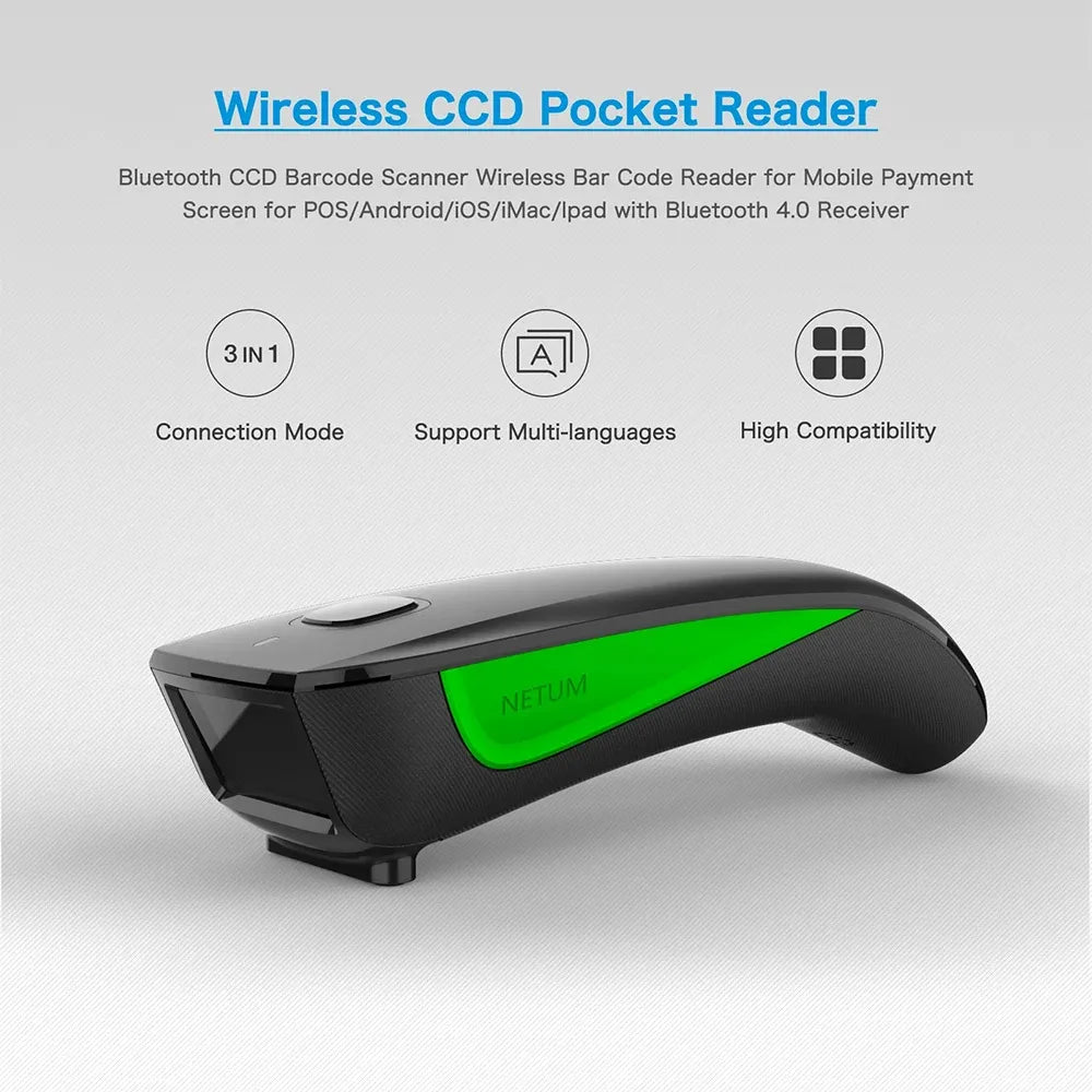 Wireless CCD pocket barcode reader with black body and green indicator window