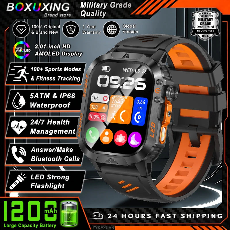 New Military Grade 1200mAh Battery Smartwatch Men 5ATM Waterproof Sports Tracker Flashlight Heart Rate AMOLED Screen Smart Watch