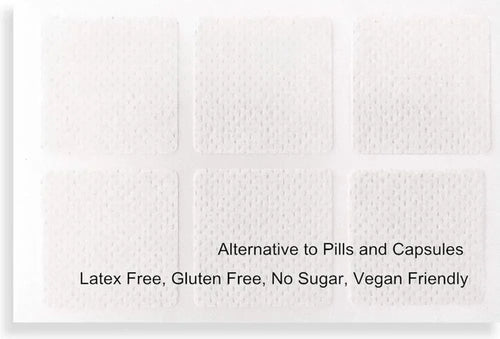 White square transdermal patches arranged on a tray; latex free and vegan friendly claims.