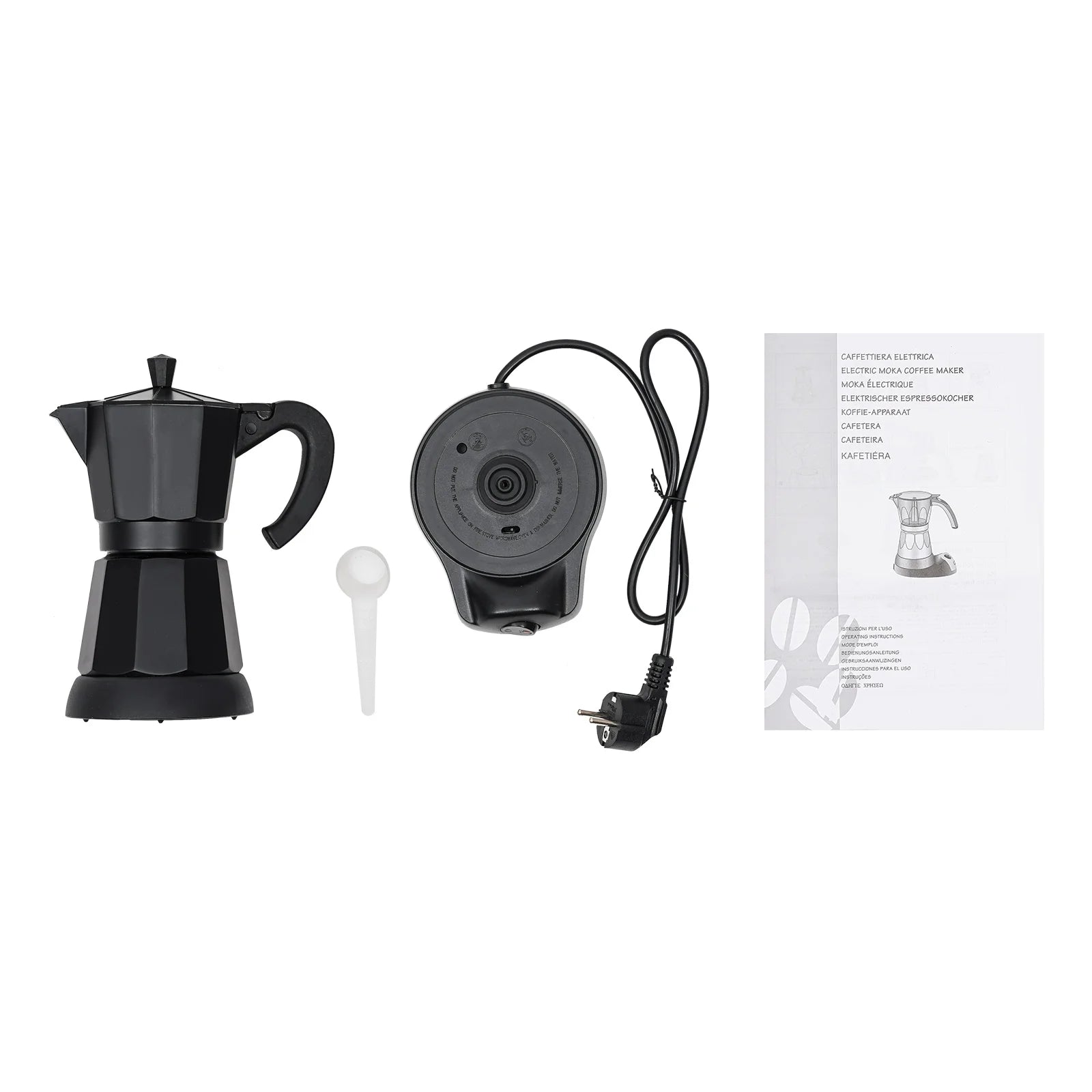 Black electric moka pot coffee maker with base, scoop, and manual on white background.