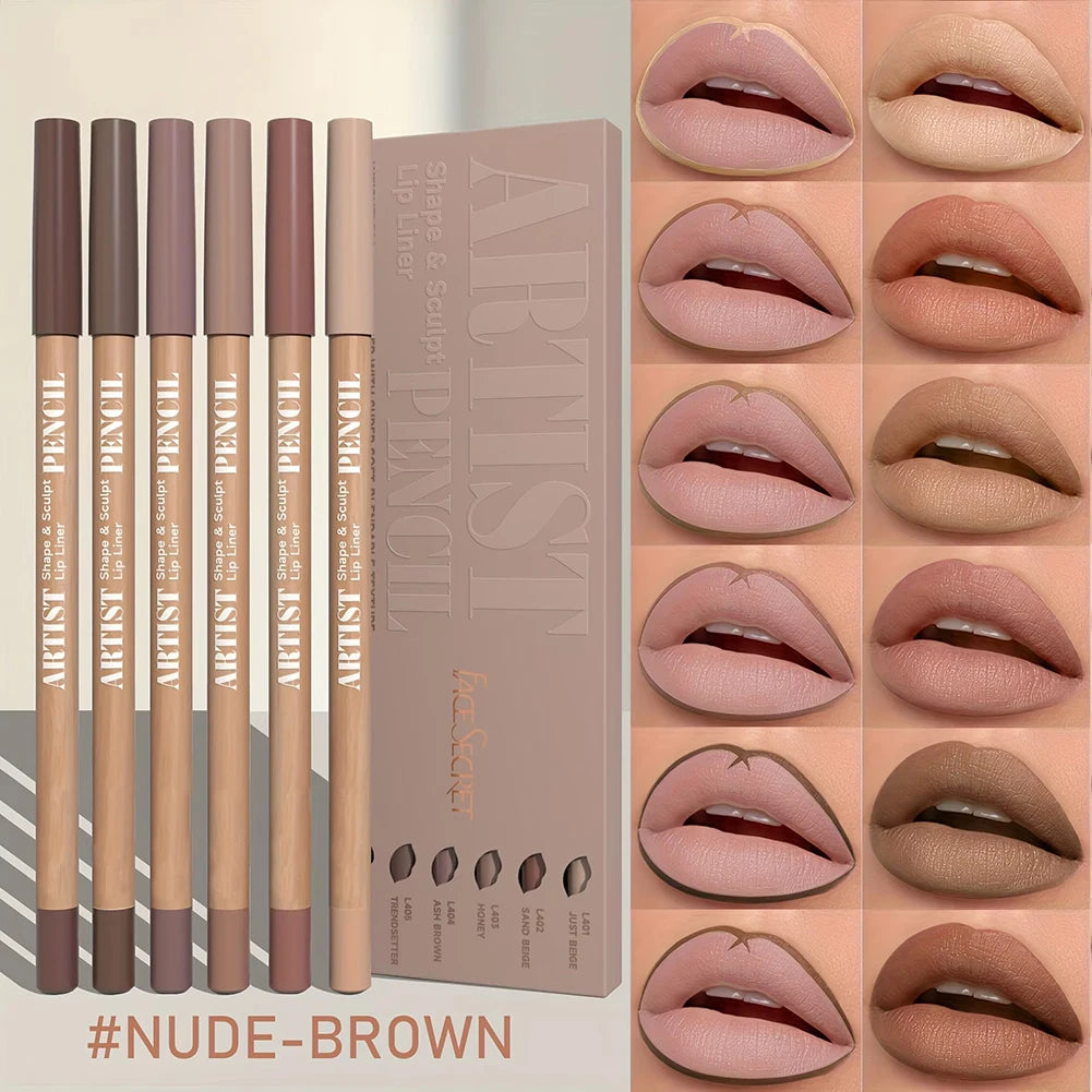 6-piece velvet matte lip liner set in nude and brown shades, showing pencil applicators and long-lasting lip swatches.