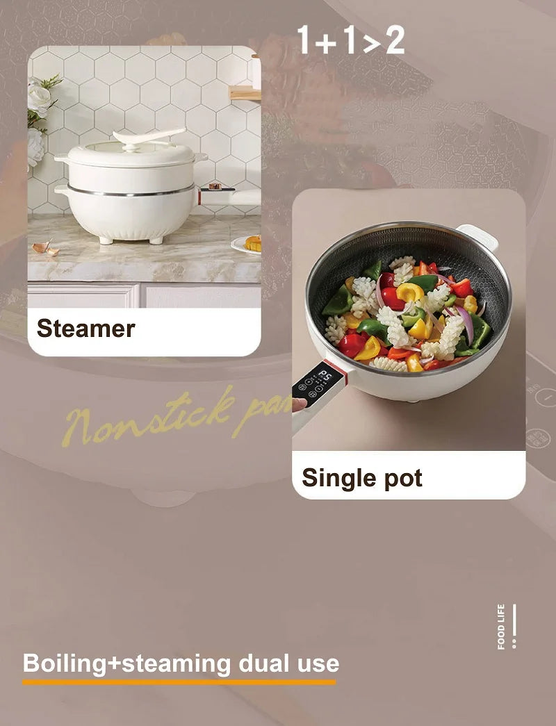 Electric nonstick cooking pot shown with steamer option for steaming vegetables and meat