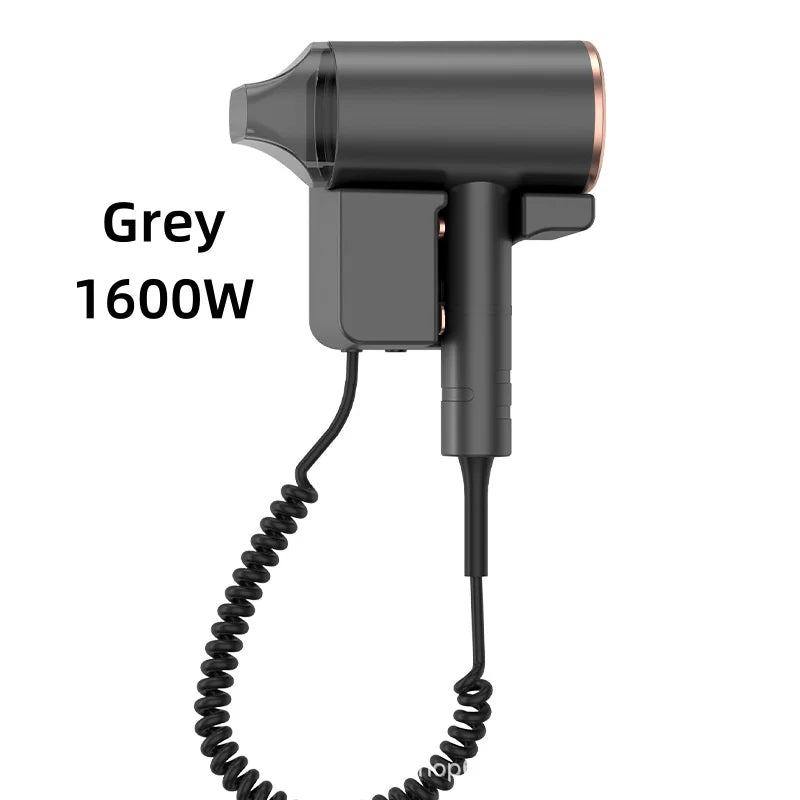 Grey 1600W wall-mounted hair dryer with nozzle attachment for home or hotel bathrooms. Compact, non-perforated design.