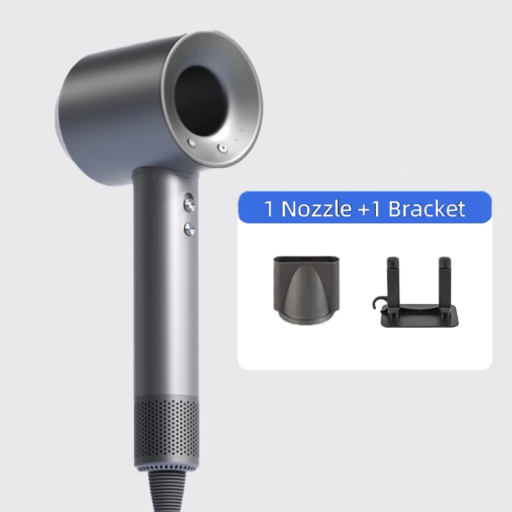 Grey bladeless negative ion hair dryer with nozzle and storage bracket for high-speed, quiet, quick hair drying.
