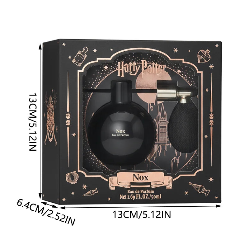 Miniso x Harry Potter Nox Unisex EDP 50ml. Round black perfume bottle with atomiser bulb, woody floral fragrance spray.