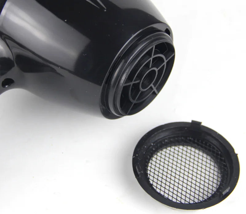 Black professional hair dryer with removable mesh filter cap for easy cleaning, ideal for salon and home use.