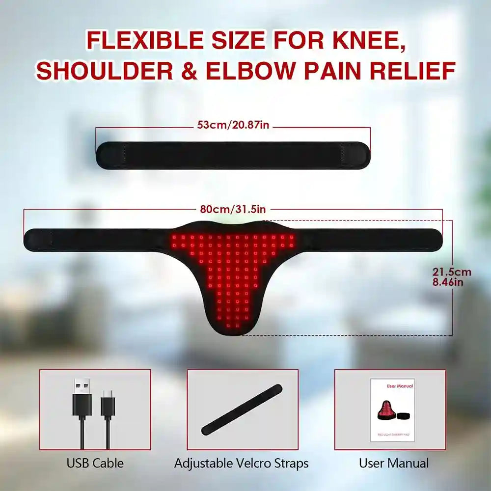 82 LED red light therapy belt for pain relief, infrared wrap with adjustable velcro straps and USB cable.