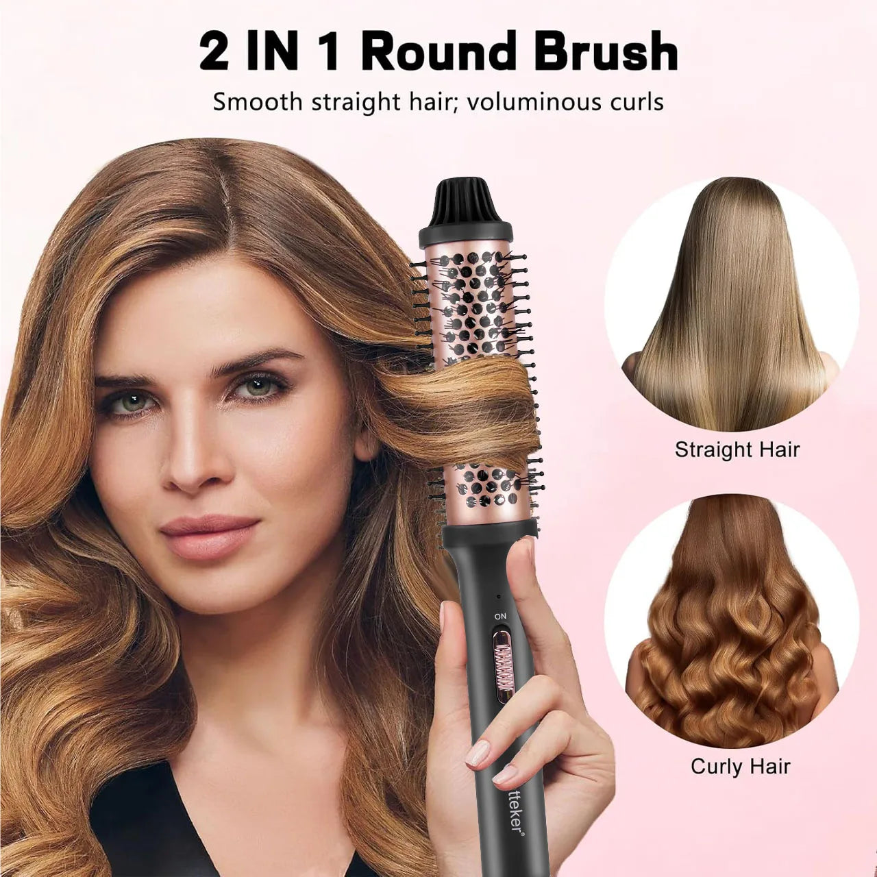 Hatteker 2-in-1 rose gold electric curling brush and straightener for voluminous curls and smooth styling at home.