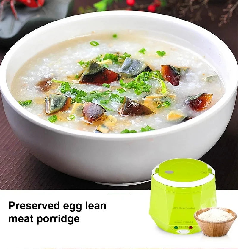 1.6L car rice cooker, lime green base and white bowl of porridge beside it