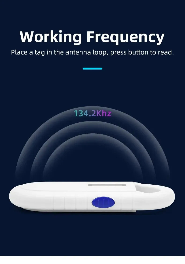 Handheld 5YOA pet microchip reader with OLED screen scanning 134.2kHz RFID tags for dogs and cats.