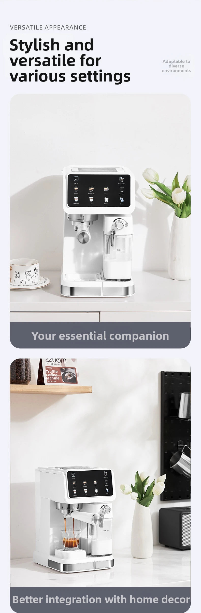 White compact espresso coffee machine with touchscreen display, integrated milk frother, and modern kitchen design.