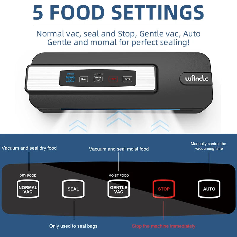 Wancle Food Sealer Machine Automatic Plastic Bags Sealer 60Kpa With External Vacuum System Dry Mosit Preservation Modes,220V