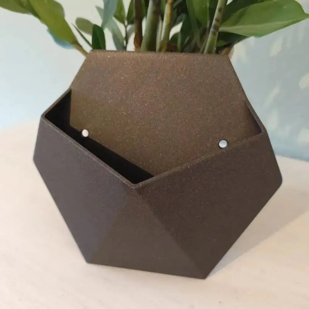 Black hexagonal wall planter with mounting holes, close-up of textured finish