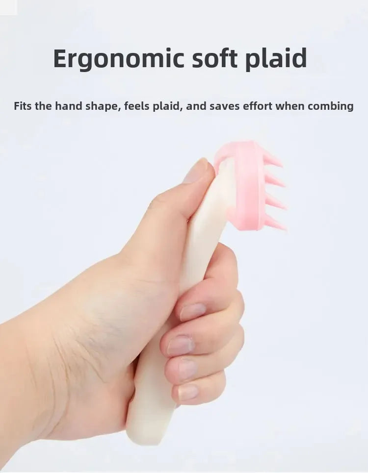 Pink silicone pet grooming comb for rabbits, cats, and guinea pigs. Ergonomic handle for easy grooming and hair removal.