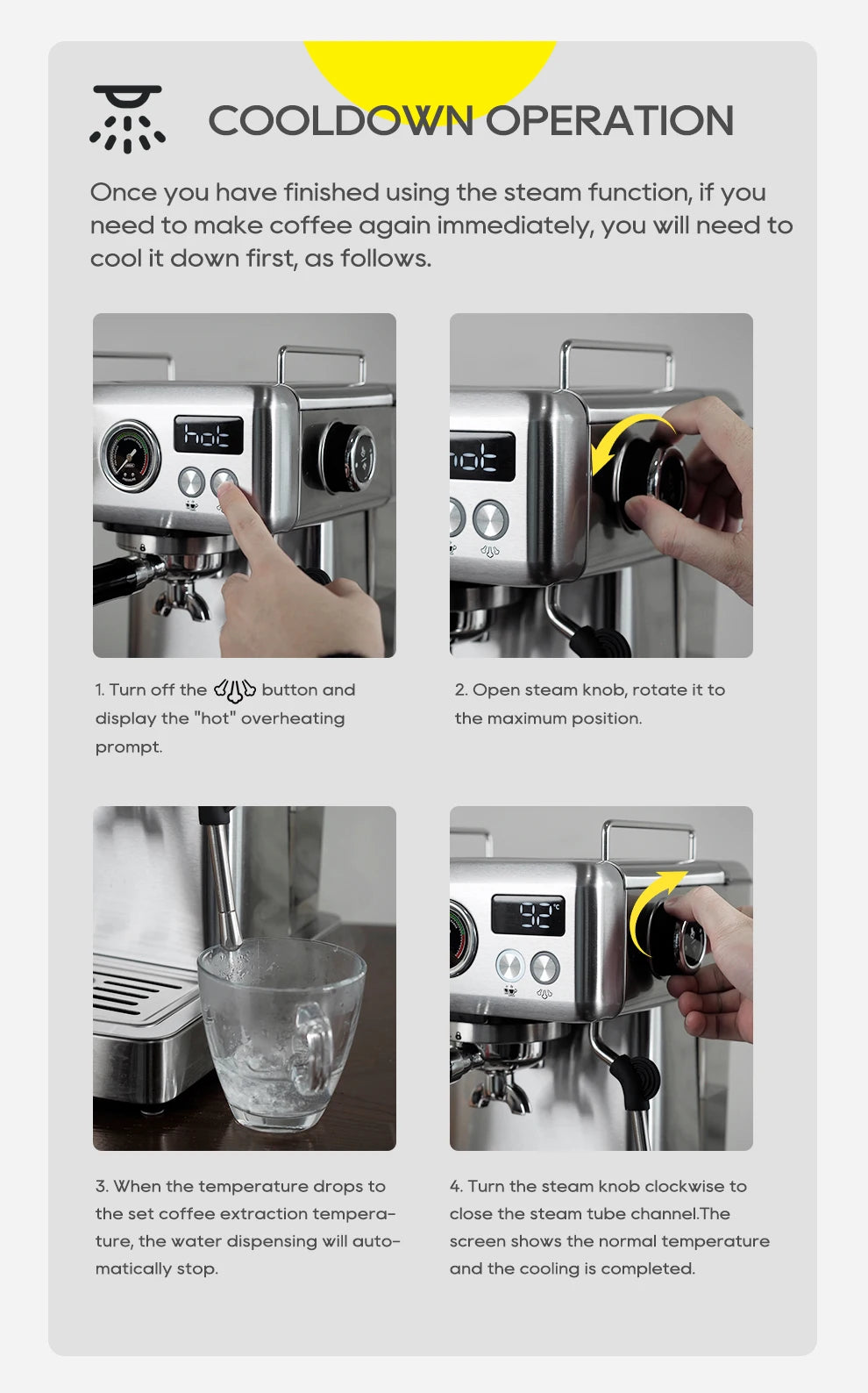 Stainless steel espresso machine cooldown process with digital temperature display and manual steam knob operation.