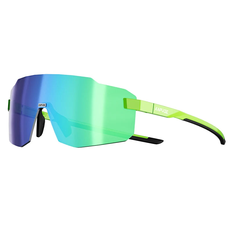 Photochromic cycling sunglasses with green mirrored shield lenses and black frame, white arm