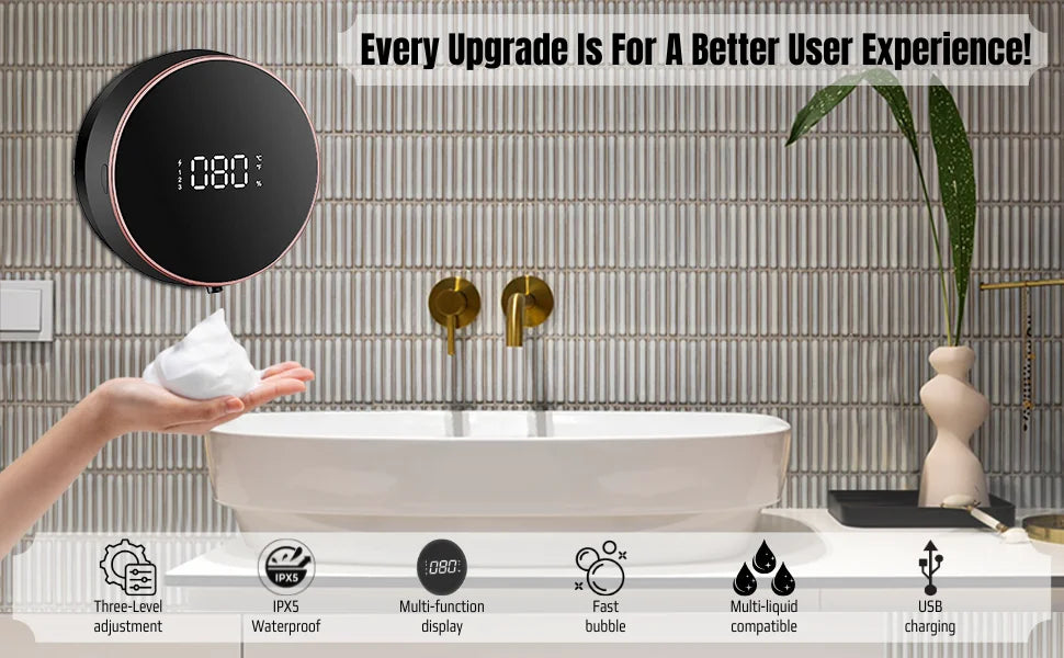 Tidesmit automatic foaming soap dispenser wall mount with LED temperature display for bathroom and kitchen