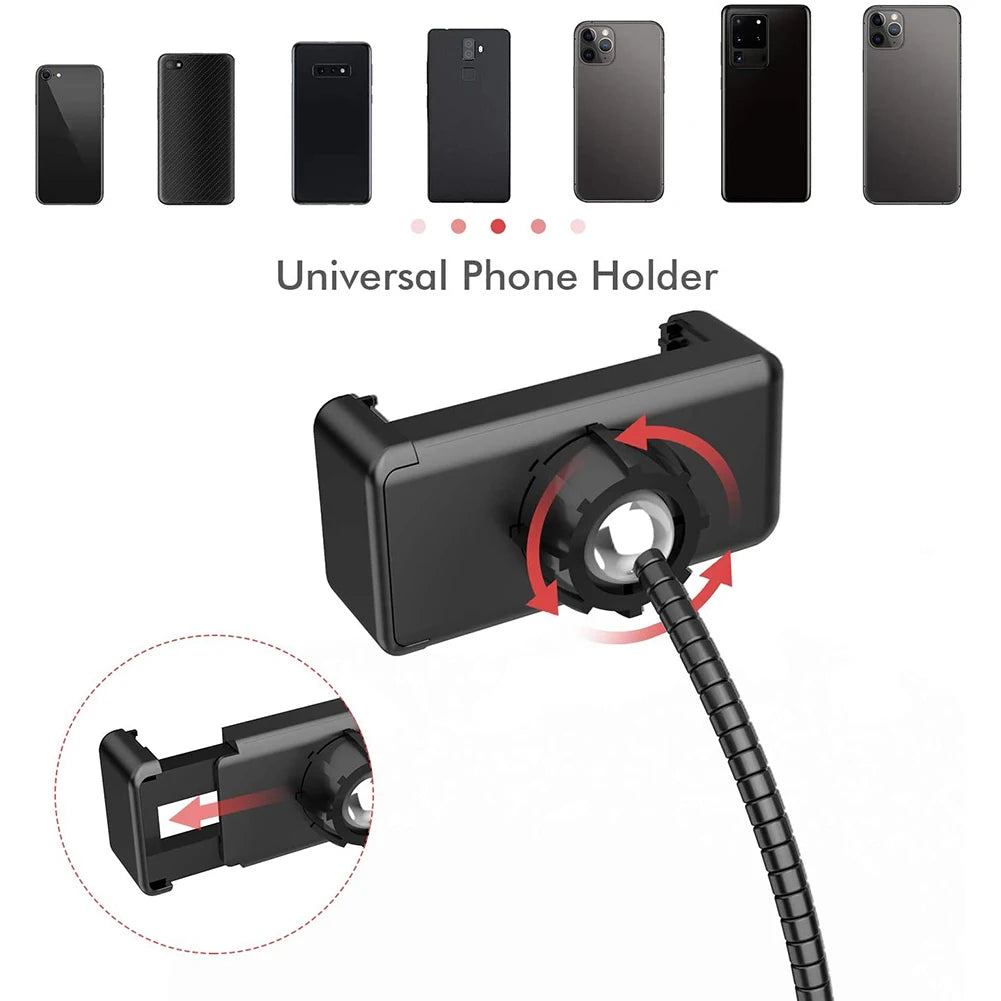 Black universal phone holder with a flexible gooseneck arm, rotating joint, and expandable grip for various phones.